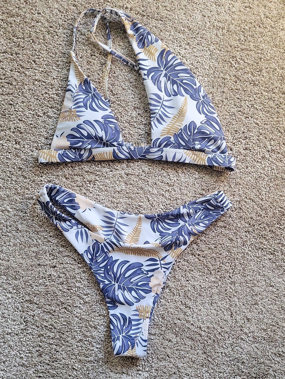 Tropical Leaf Print Triangle Bikini Set - Blue & Cream